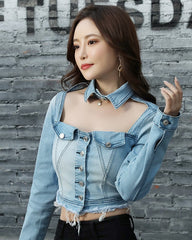 Blue Front Cut-Out Denim Top