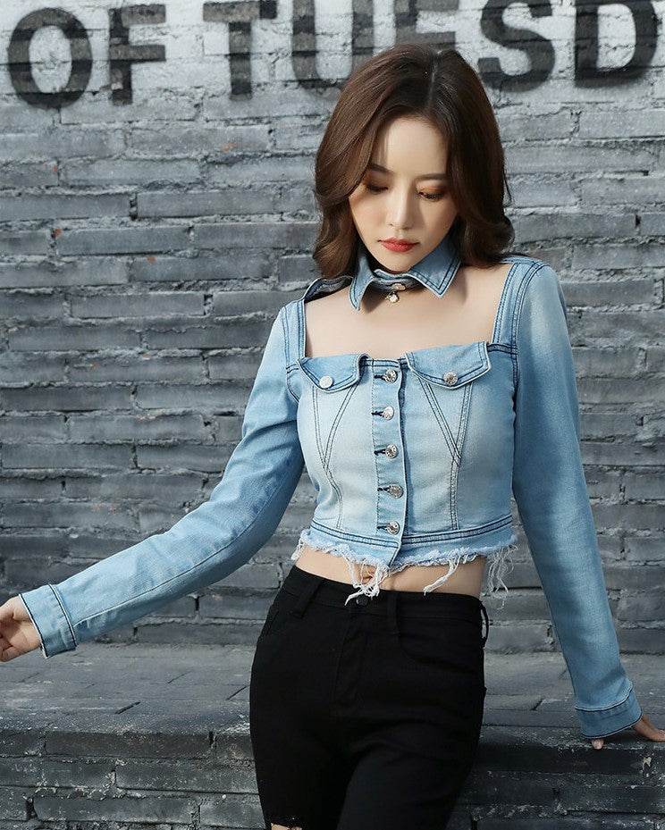 Blue Front Cut-Out Denim Top