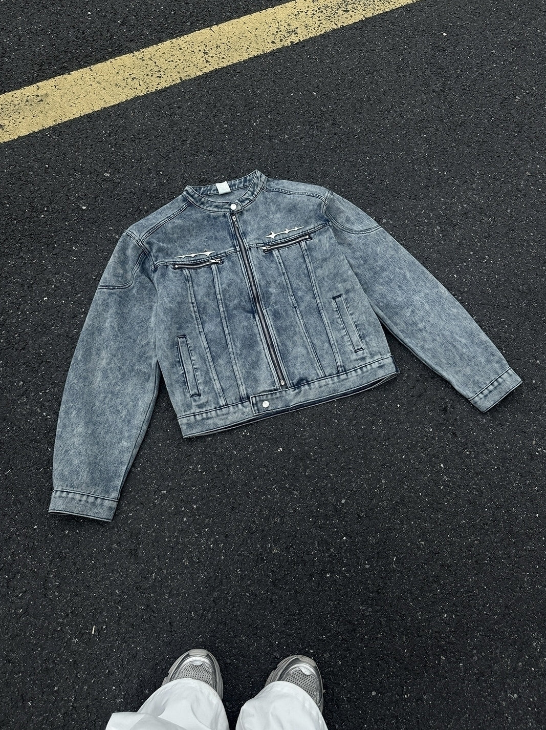 Blue Front Zipper Pockets Denim Jacket