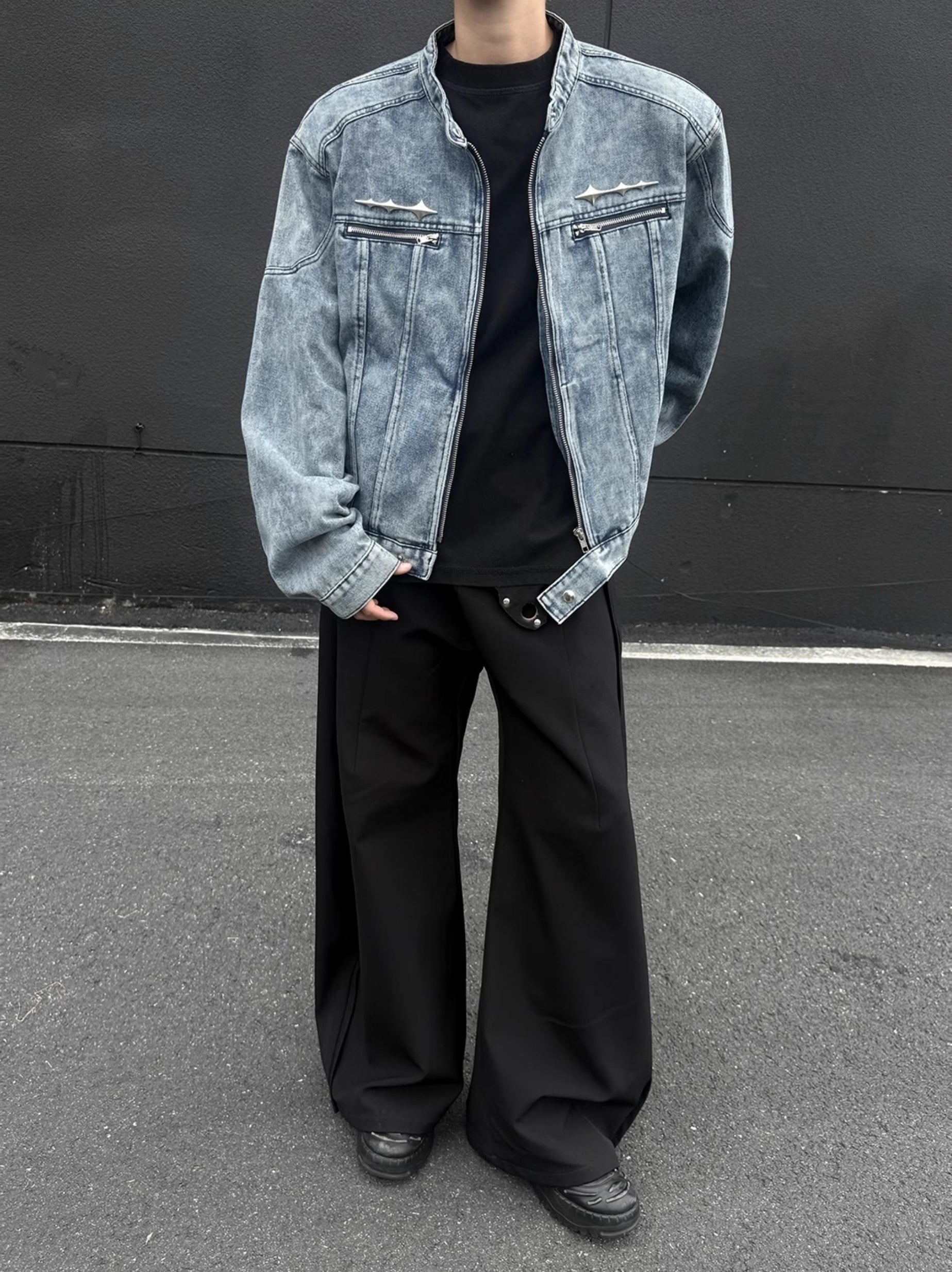 Blue Front Zipper Pockets Denim Jacket