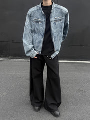 Blue Front Zipper Pockets Denim Jacket