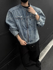 Blue Front Zipper Pockets Denim Jacket