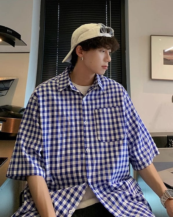 Blue Gingham Short Sleeves Shirt