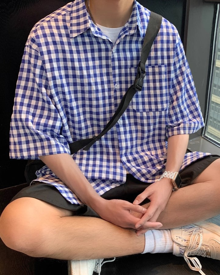 Blue Gingham Short Sleeves Shirt