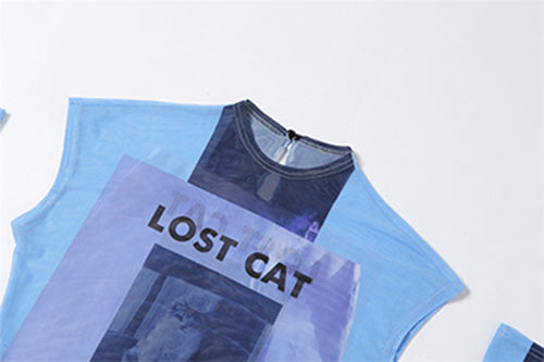 Blue Graphic Mesh T-Shirt With Arm Warmer Sleeves