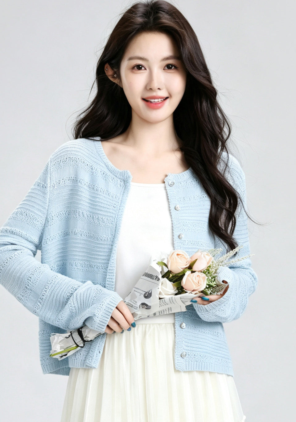 Blue Hollow Knit Cardigan Summer Cropped Cover Up