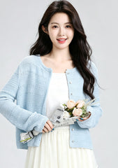 Blue Hollow Knit Cardigan Summer Cropped Cover Up