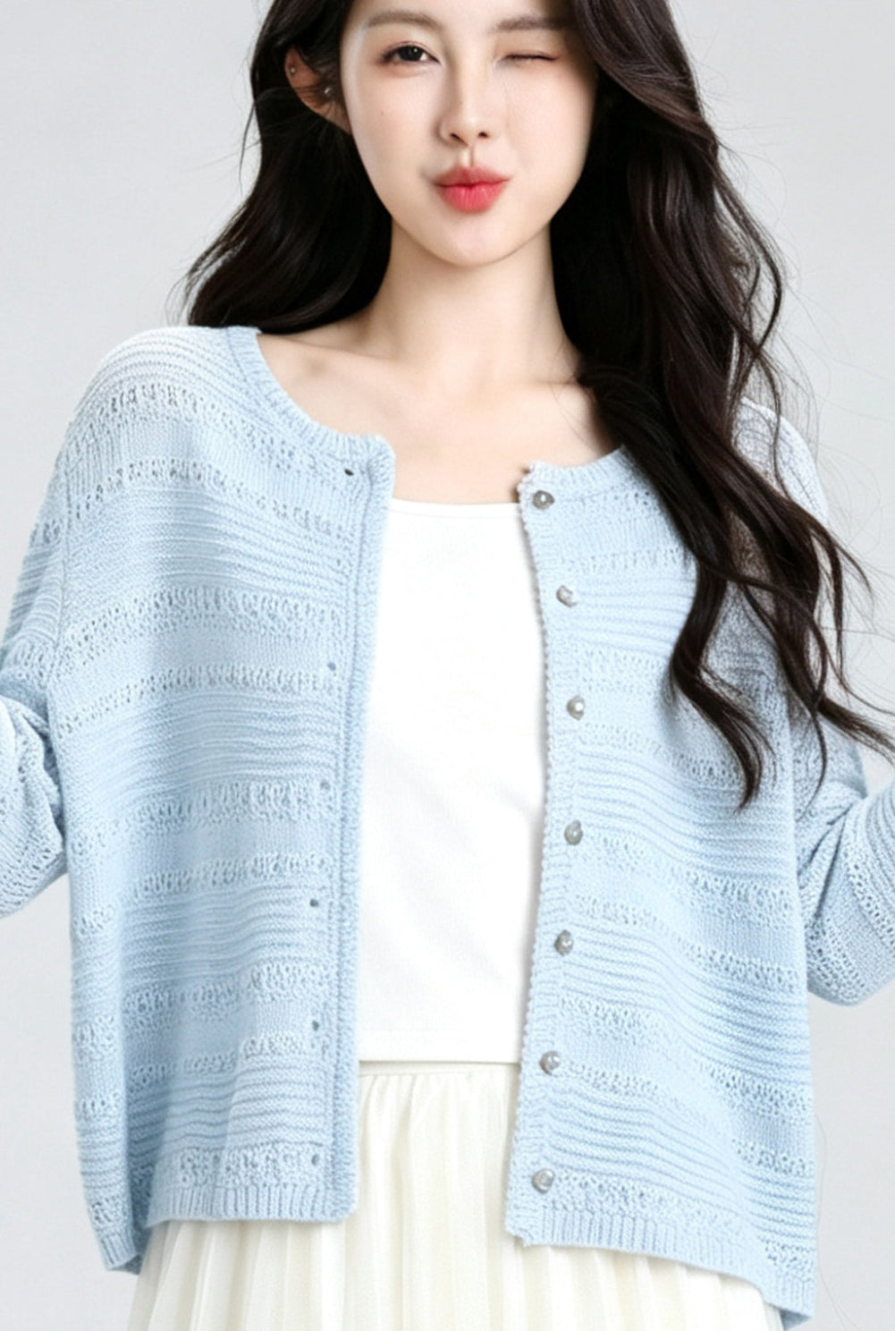 Blue Hollow Knit Cardigan Summer Cropped Cover Up