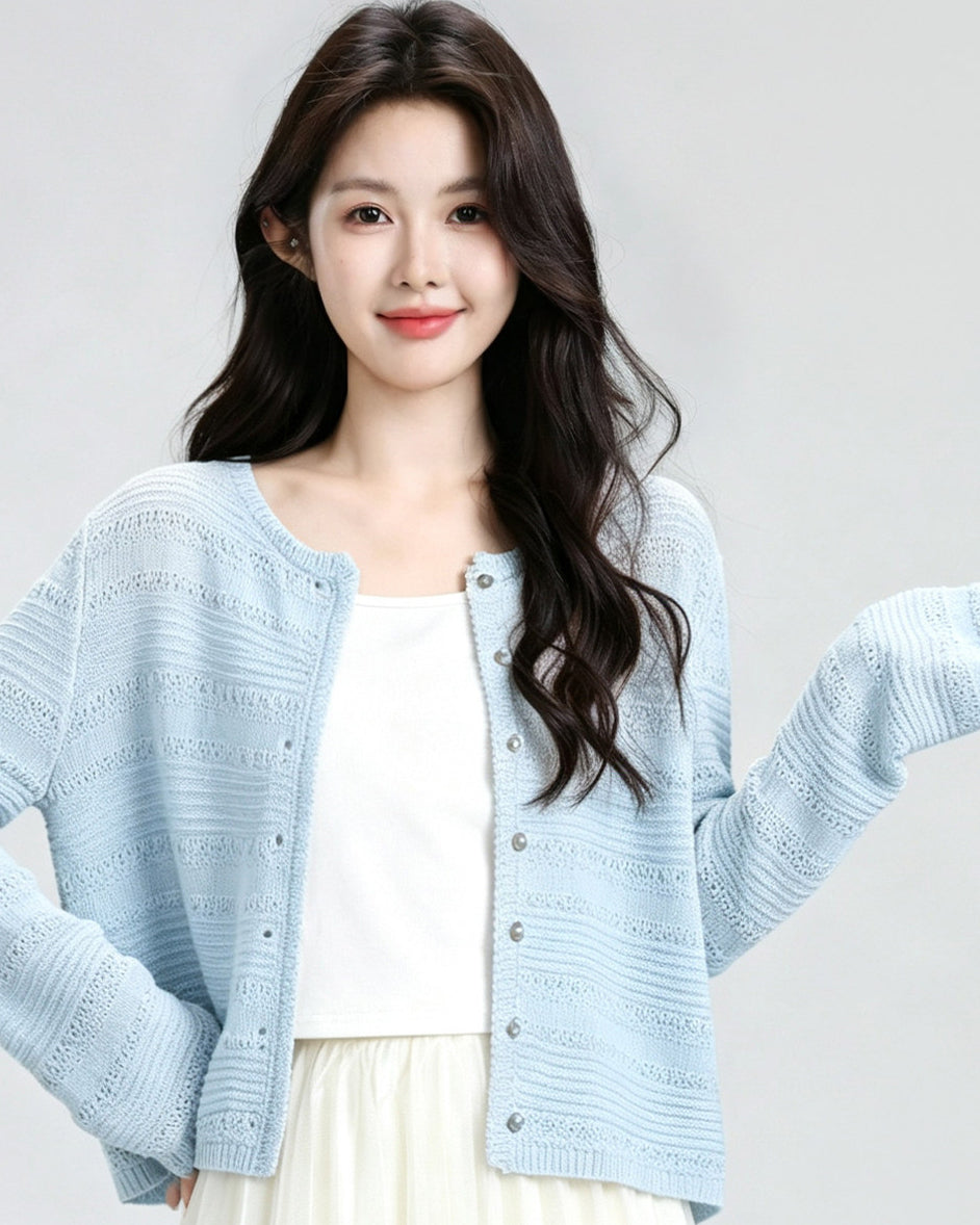 Blue Hollow Knit Cardigan Summer Cropped Cover Up