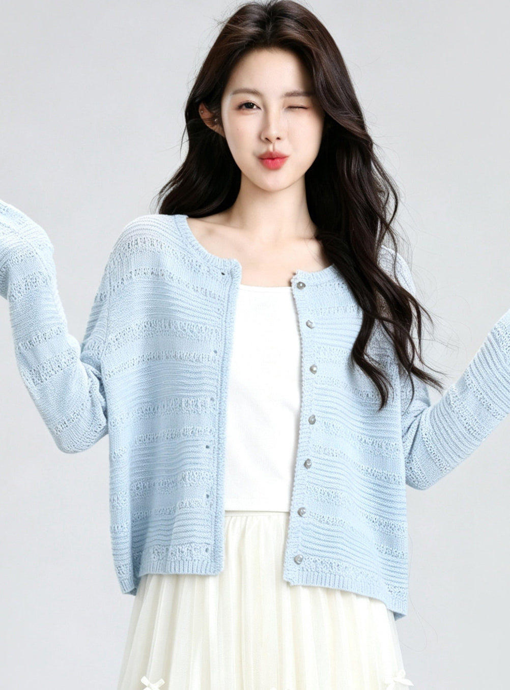 Blue Hollow Knit Cardigan Summer Cropped Cover Up