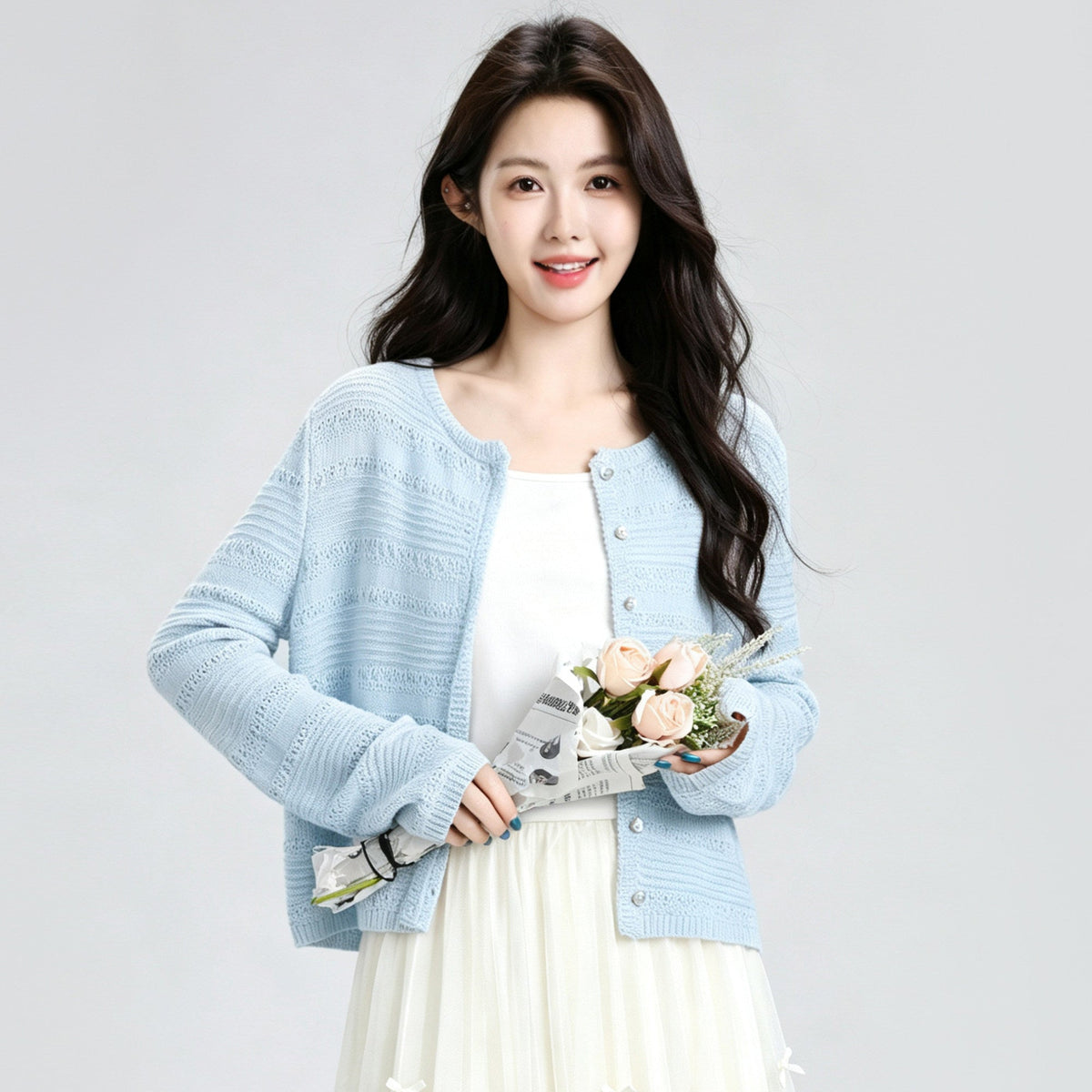 Blue Hollow Knit Cardigan Summer Cropped Cover Up