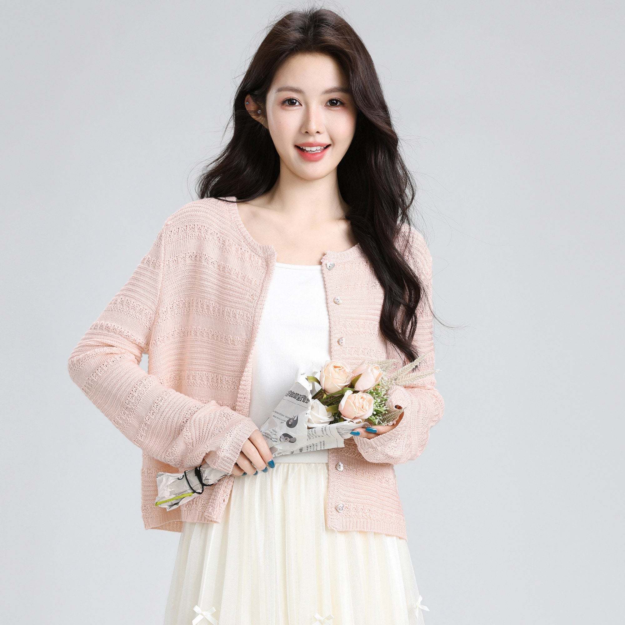 Blue Hollow Knit Cardigan Summer Cropped Cover Up
