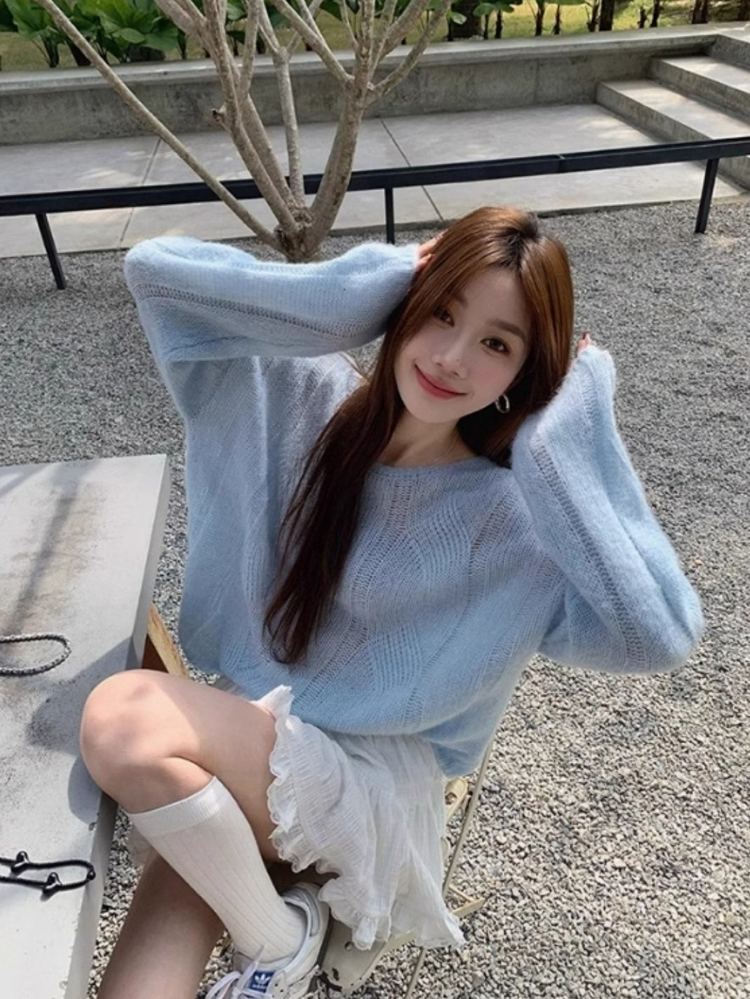 Blue Hollow Knitted Oversized Sweater