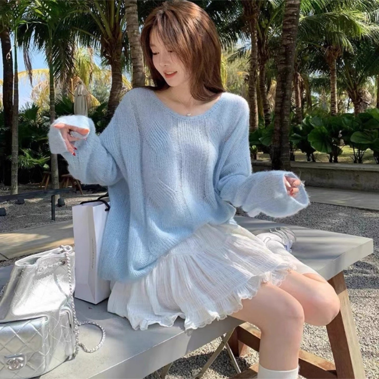 Blue Hollow Knitted Oversized Sweater