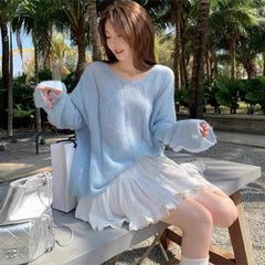 Blue Hollow Knitted Oversized Sweater