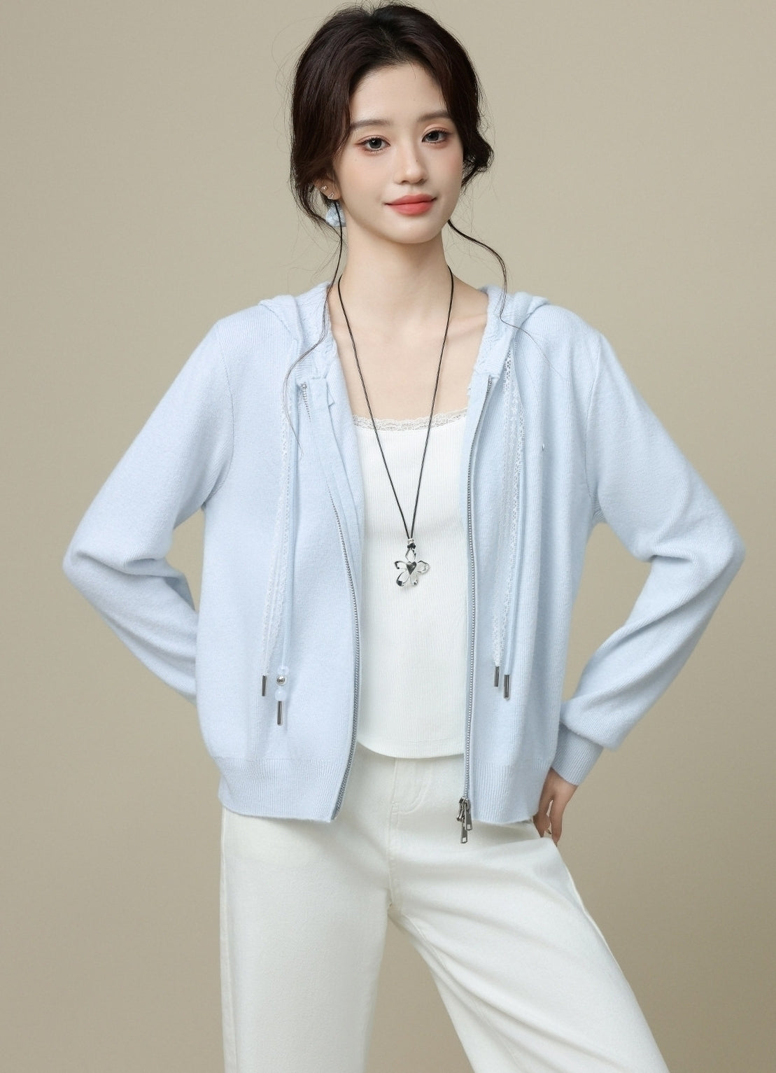Blue Hooded Double Zip Loose Cardigan Jacket