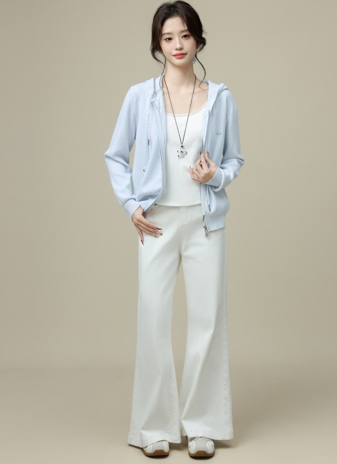 Blue Hooded Double Zip Loose Cardigan Jacket