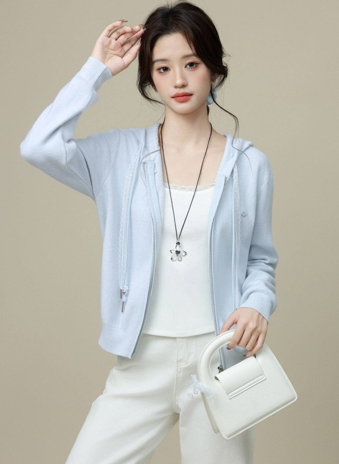 Blue Hooded Double Zip Loose Cardigan Jacket