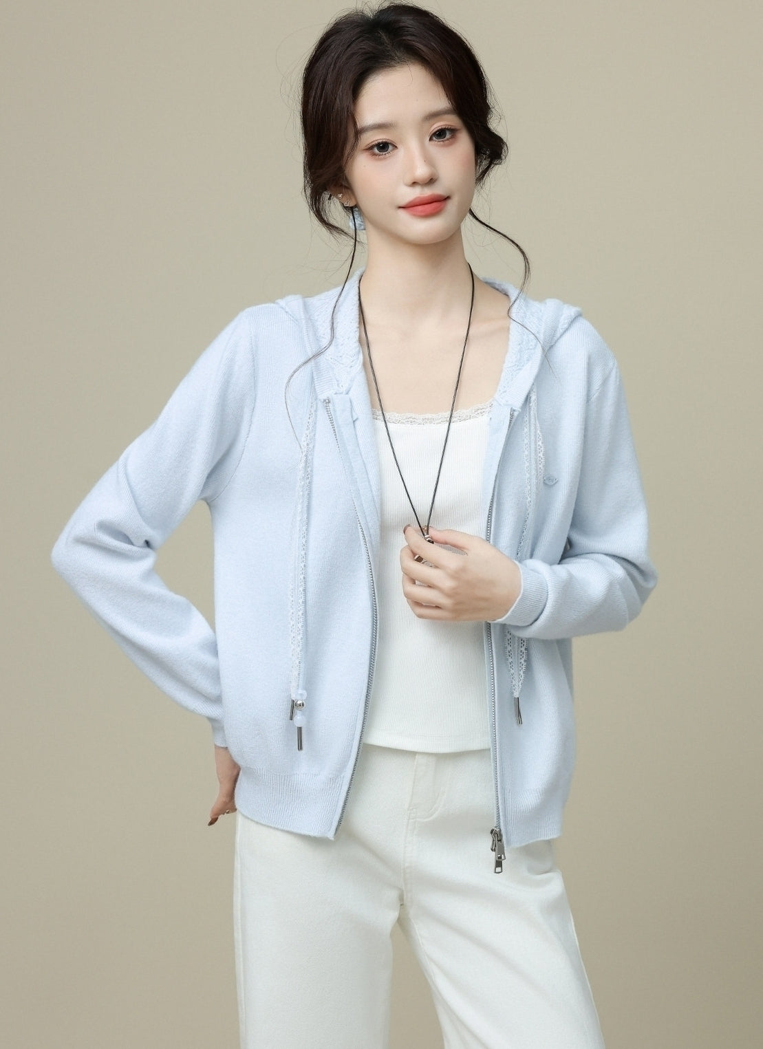 Blue Hooded Double Zip Loose Cardigan Jacket