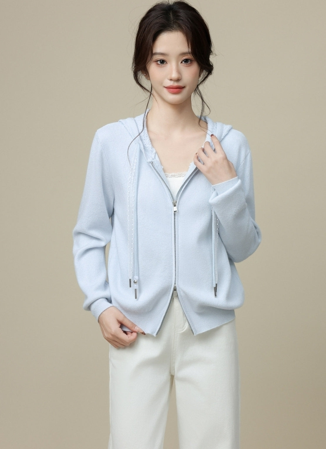 Blue Hooded Double Zip Short Cardigan Jacket