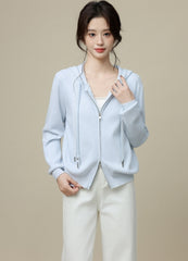 Blue Hooded Double Zip Short Cardigan Jacket