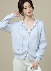 Blue Hooded Double Zip Short Cardigan Jacket