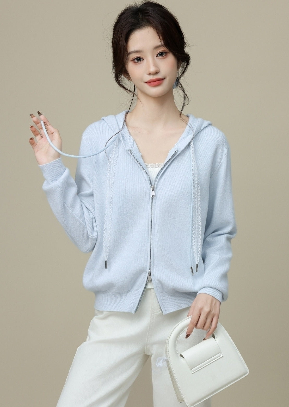 Blue Hooded Double Zip Short Cardigan Jacket