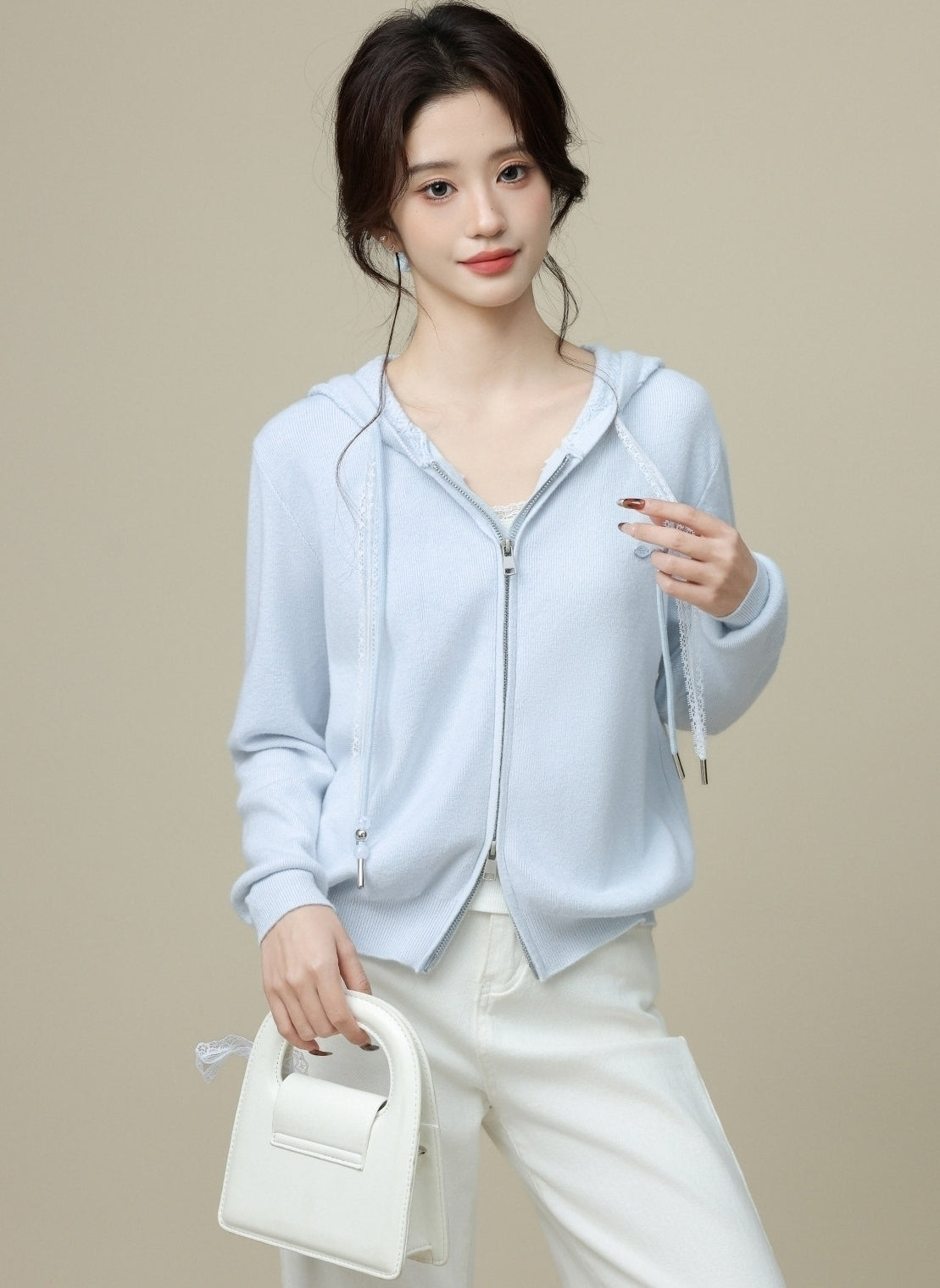 Blue Hooded Double Zip Short Cardigan Jacket