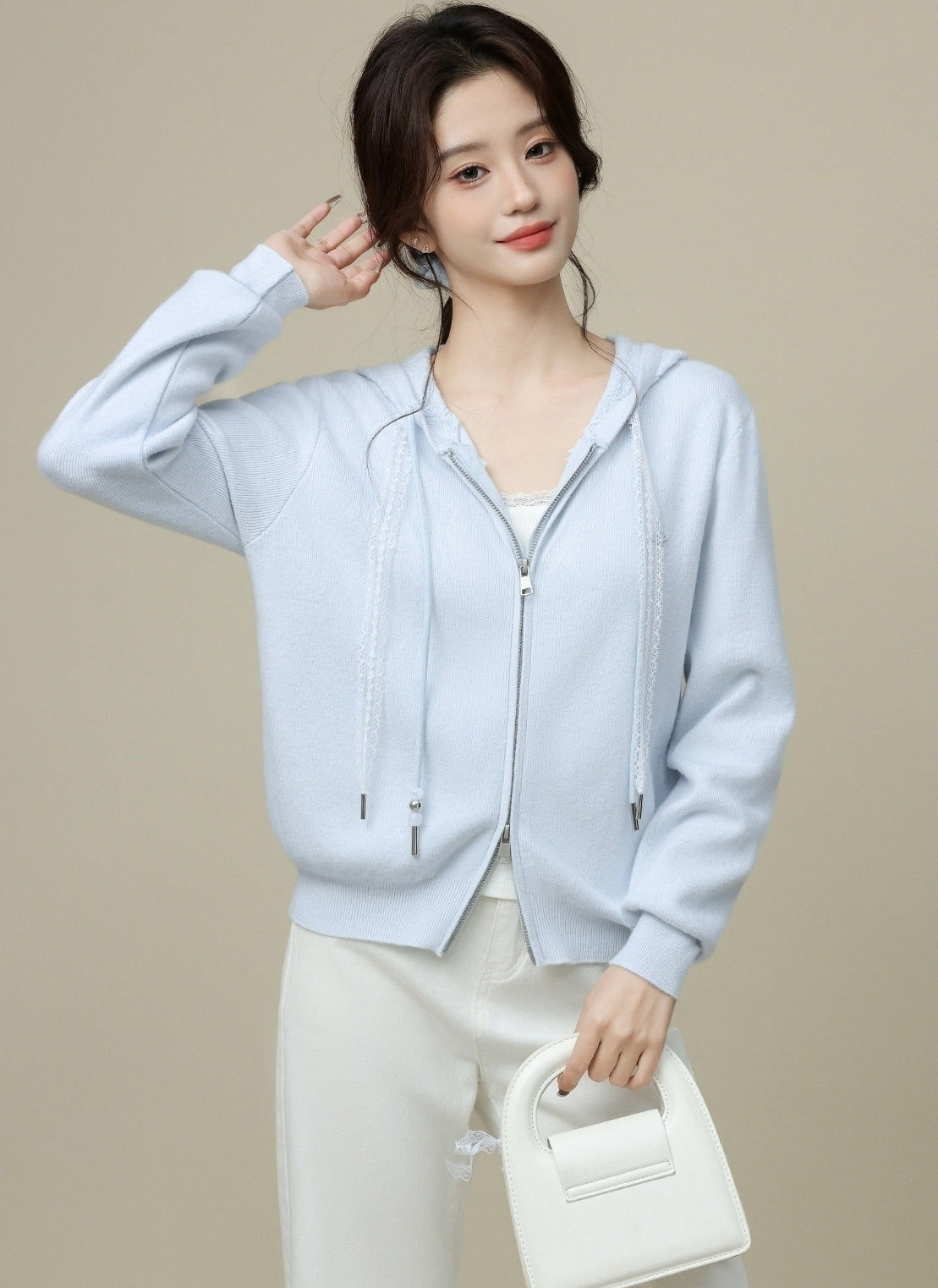 Blue Hooded Double Zip Short Cardigan Jacket