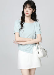 Blue Irregular Puff Sleeve Short Sleeve Top