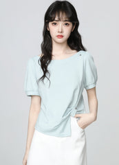 Blue Irregular Puff Sleeve Short Sleeve Top