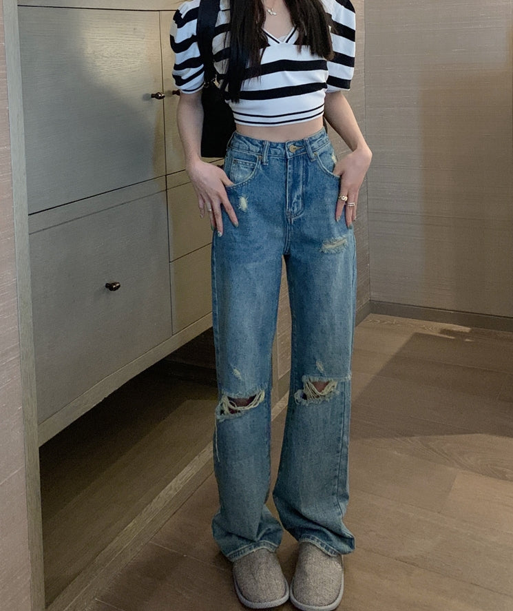 Blue Knee-Ripped Straight Jeans