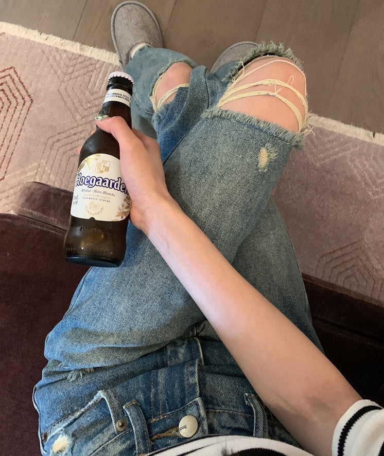 Blue Knee-Ripped Straight Jeans