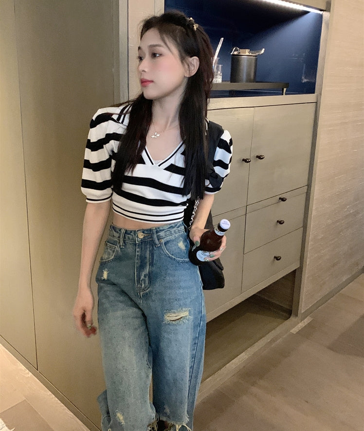Blue Knee-Ripped Straight Jeans
