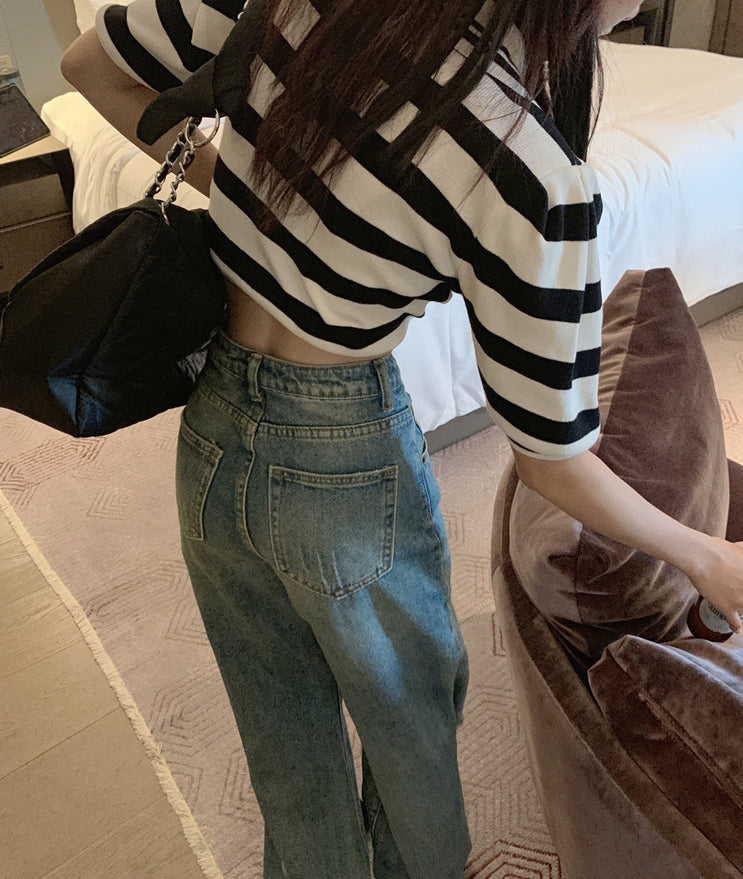 Blue Knee-Ripped Straight Jeans