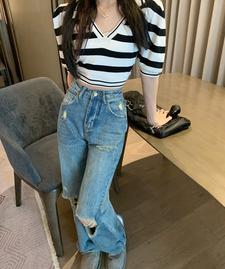 Blue Knee-Ripped Straight Jeans