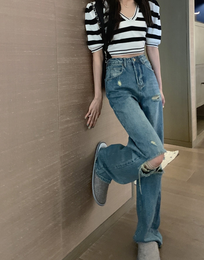 Blue Knee-Ripped Straight Jeans