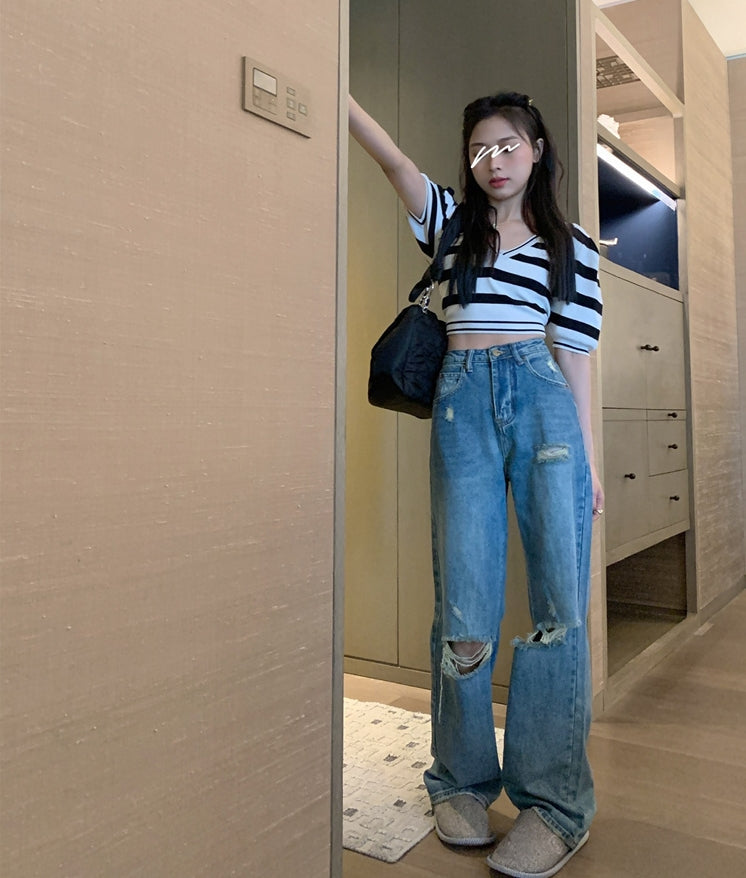 Blue Knee-Ripped Straight Jeans