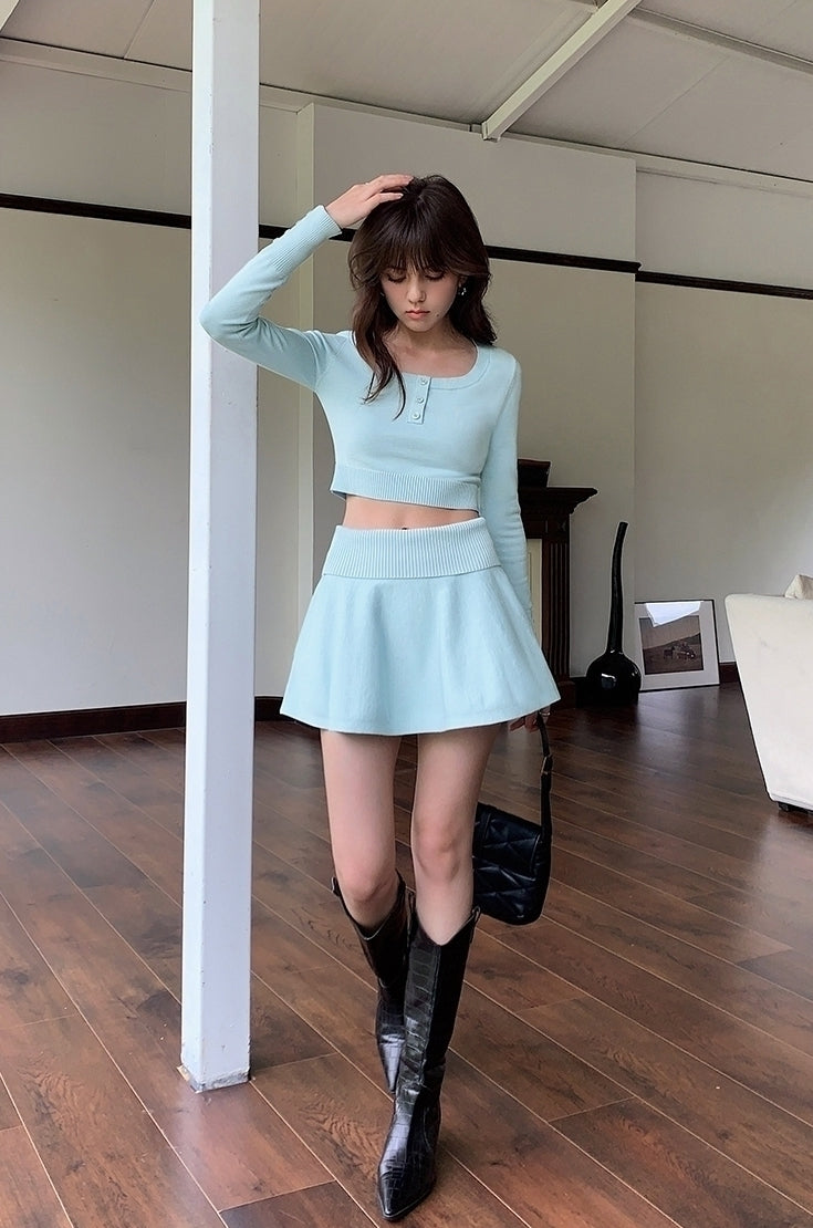 Blue Knit Skater Skirt