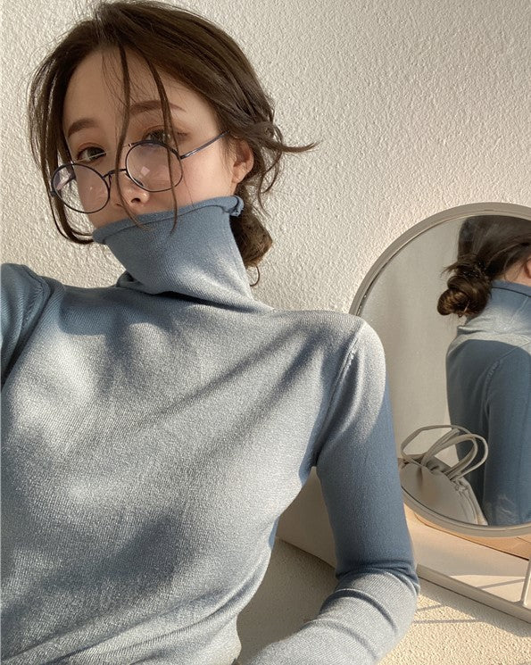 Blue Knitted Turtleneck Top