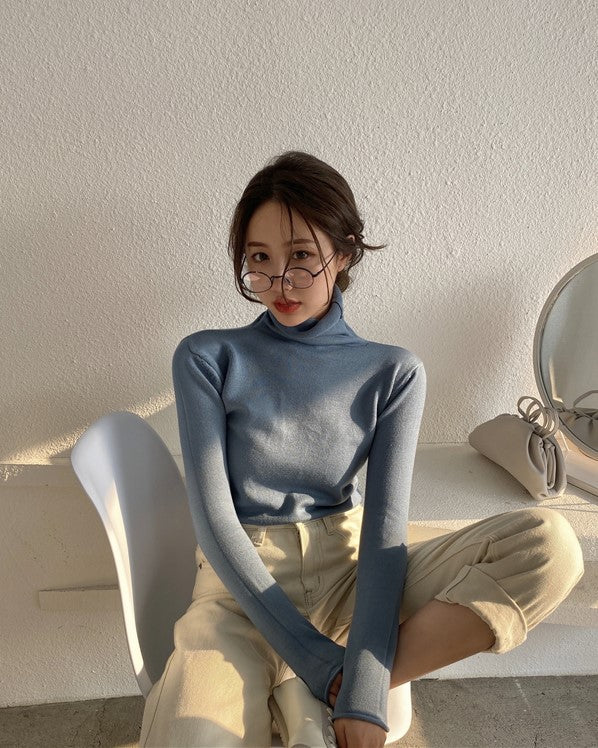 Blue Knitted Turtleneck Top