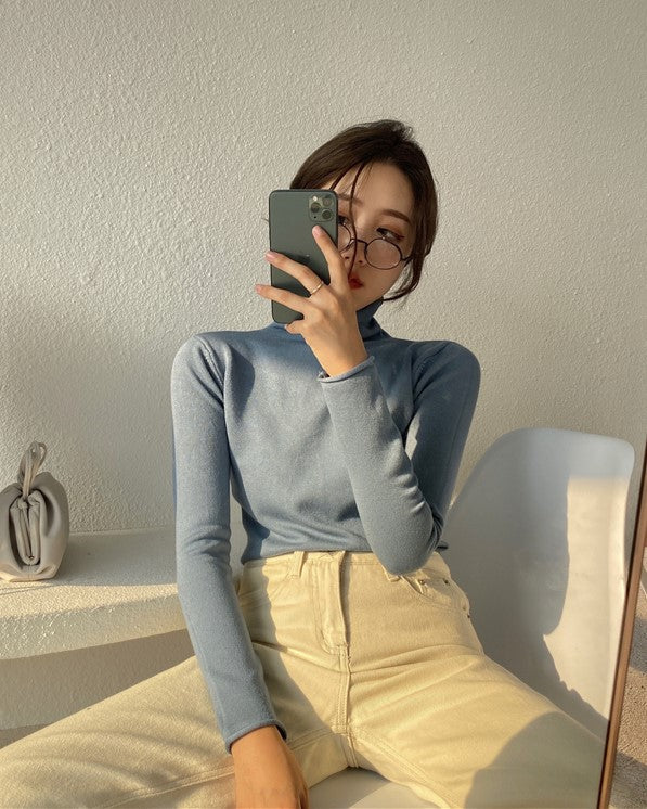 Blue Knitted Turtleneck Top
