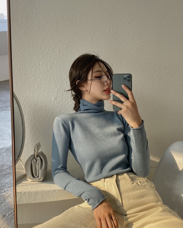 Blue Knitted Turtleneck Top