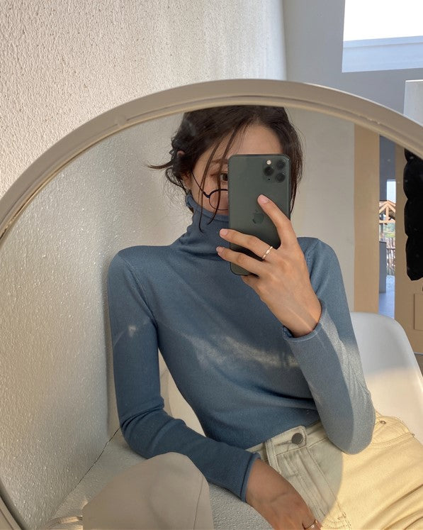 Blue Knitted Turtleneck Top