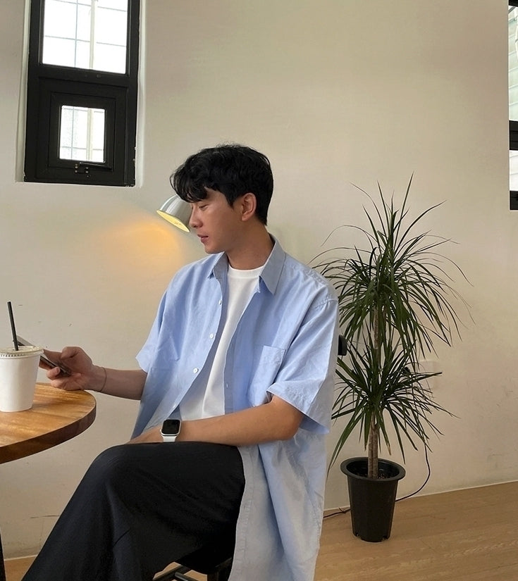 Blue Korean Style Loose Short Sleeve Shirt