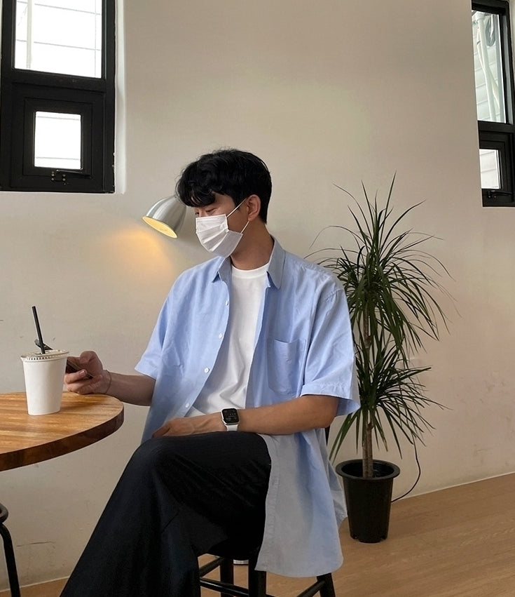 Blue Korean Style Loose Short Sleeve Shirt