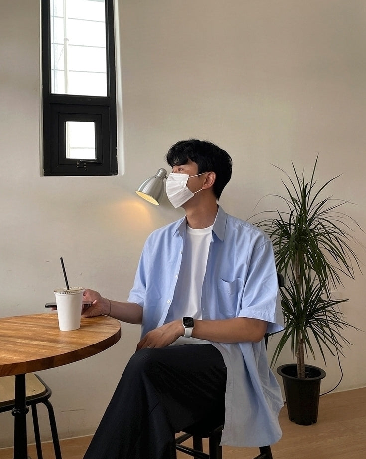 Blue Korean Style Loose Short Sleeve Shirt