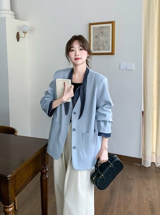 Blue Korean Style Sweet Cool Patchwork Casual Blazer