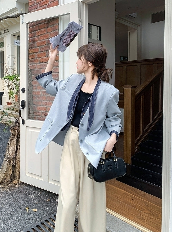 Blue Korean Style Sweet Cool Patchwork Casual Blazer