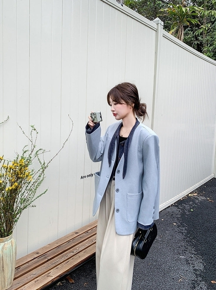 Blue Korean Style Sweet Cool Patchwork Casual Blazer